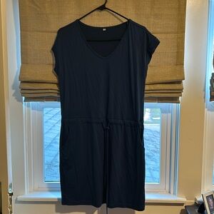 Blue t-shirt dress with cinch waist tie.